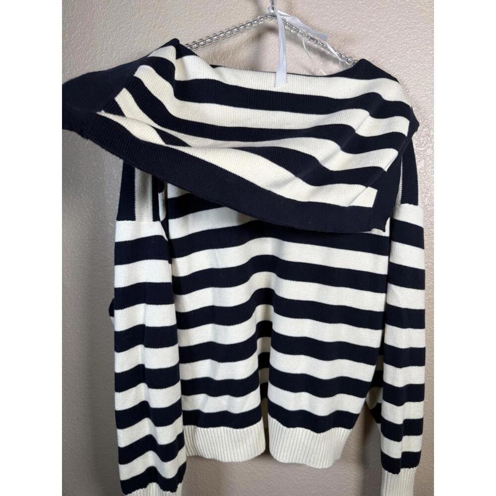 ZARA Women’s Sweater Large Striped Knit Hoodie Navy White Cotton Nautical Pocket - Picture 6 of 7